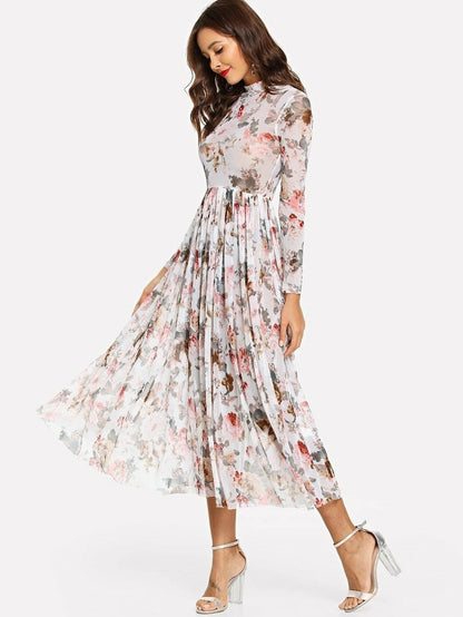 Mock Neck Semi Sheer Midi Floral Dress Periwinkley Shop