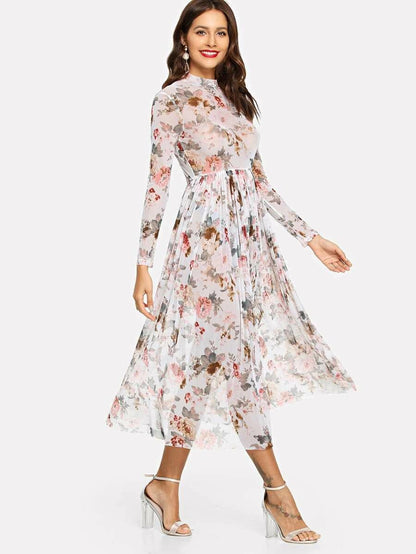 Mock Neck Semi Sheer Midi Floral Dress Periwinkley Shop