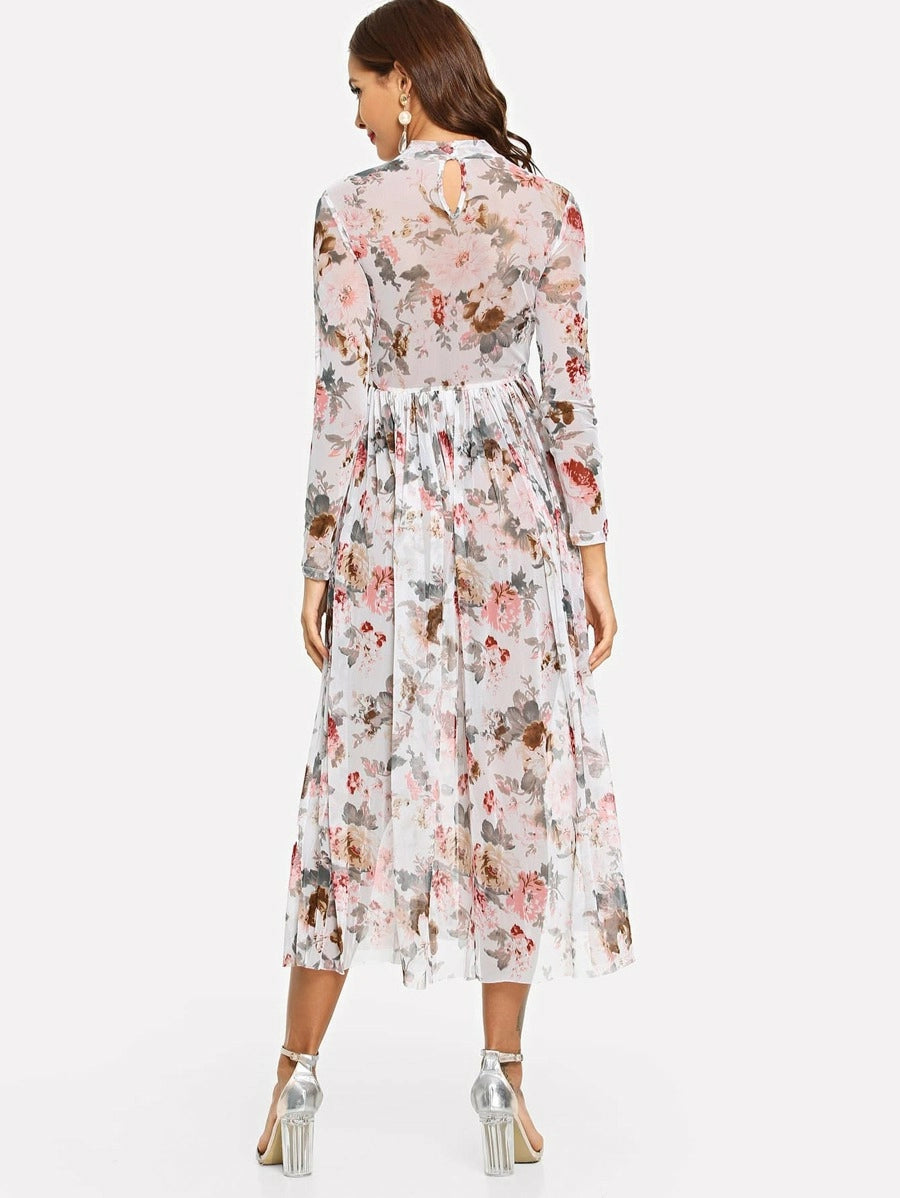Mock Neck Semi Sheer Midi Floral Dress Periwinkley Shop