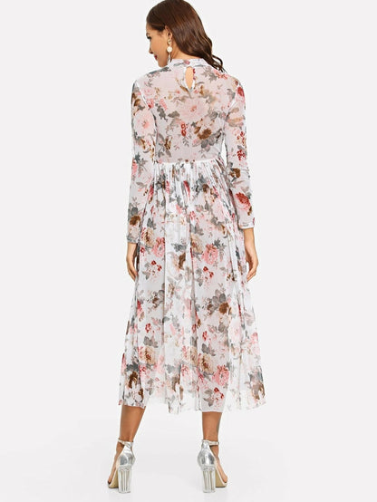 Mock Neck Semi Sheer Midi Floral Dress Periwinkley Shop