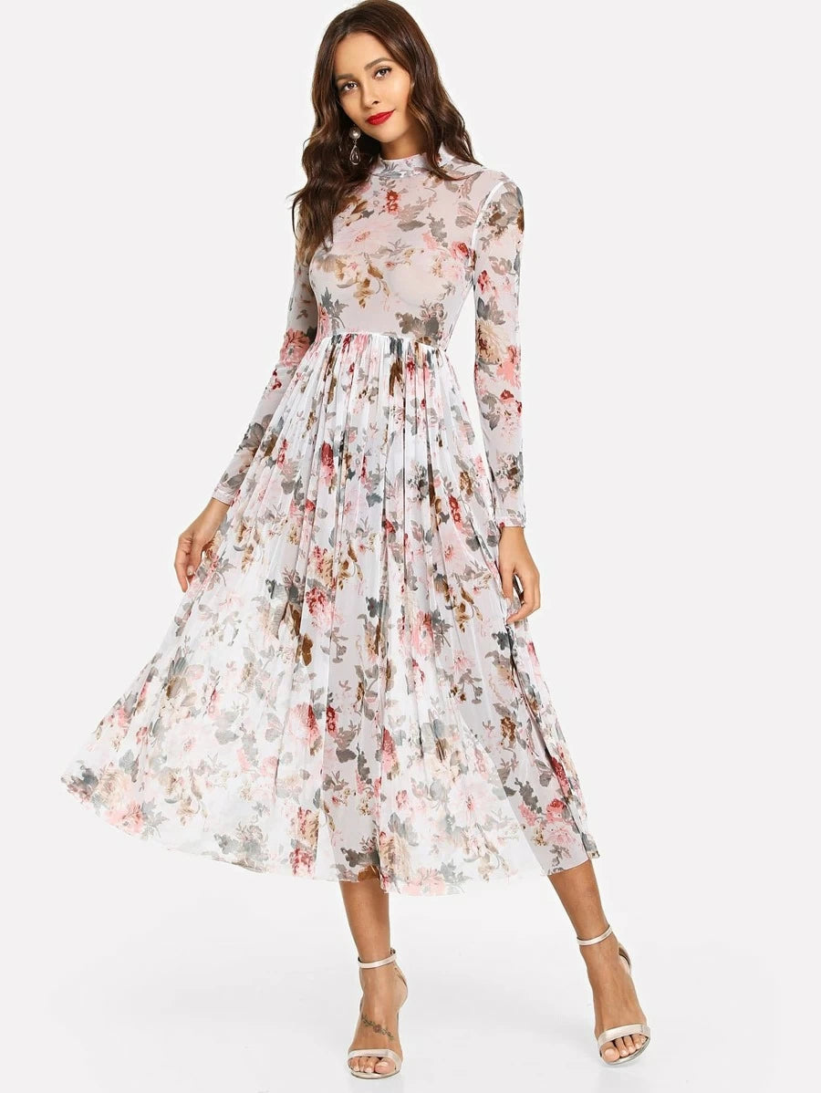 Mock Neck Semi Sheer Midi Floral Dress Periwinkley Shop