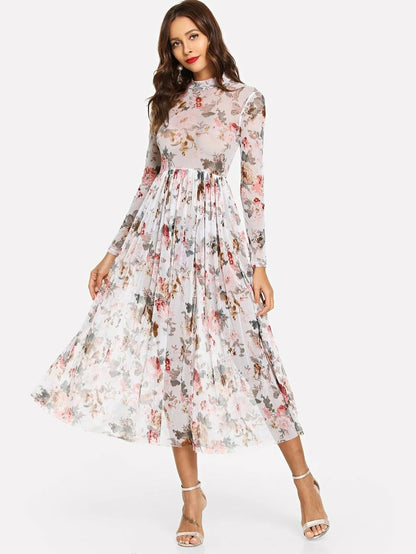 Mock Neck Semi Sheer Midi Floral Dress Periwinkley Shop