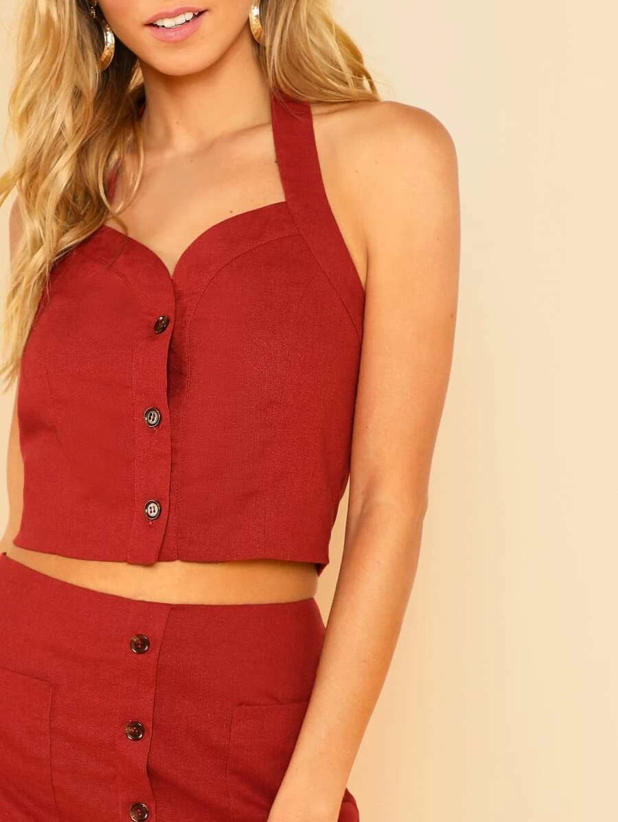 Halterneck Buttoned Top & Skirt Set Periwinkley Shop