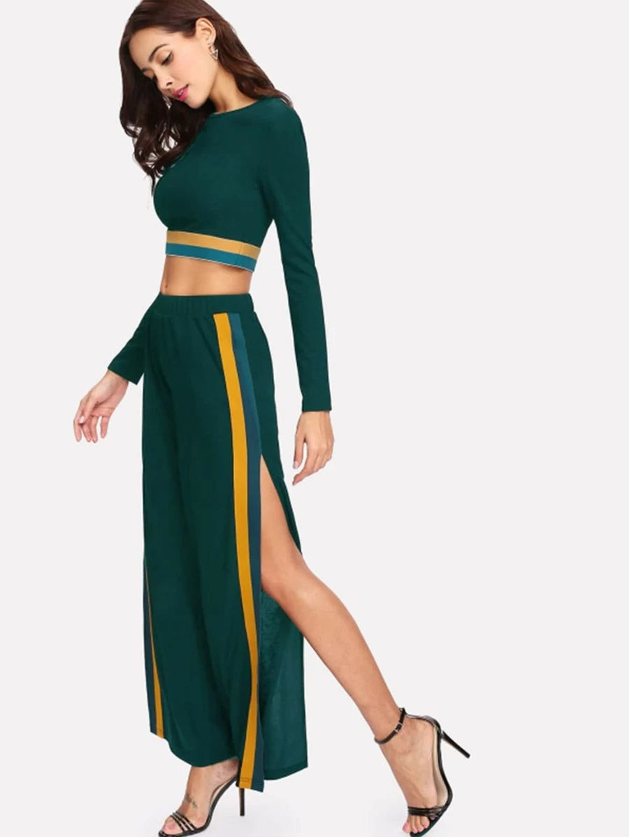 Contrast Striped Crop Top & Wide Leg Pants Periwinkley Shop
