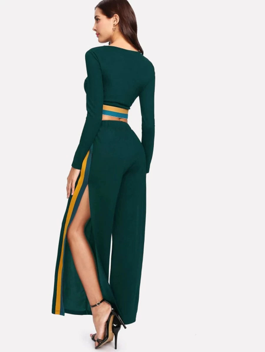 Contrast Striped Crop Top & Wide Leg Pants Periwinkley Shop