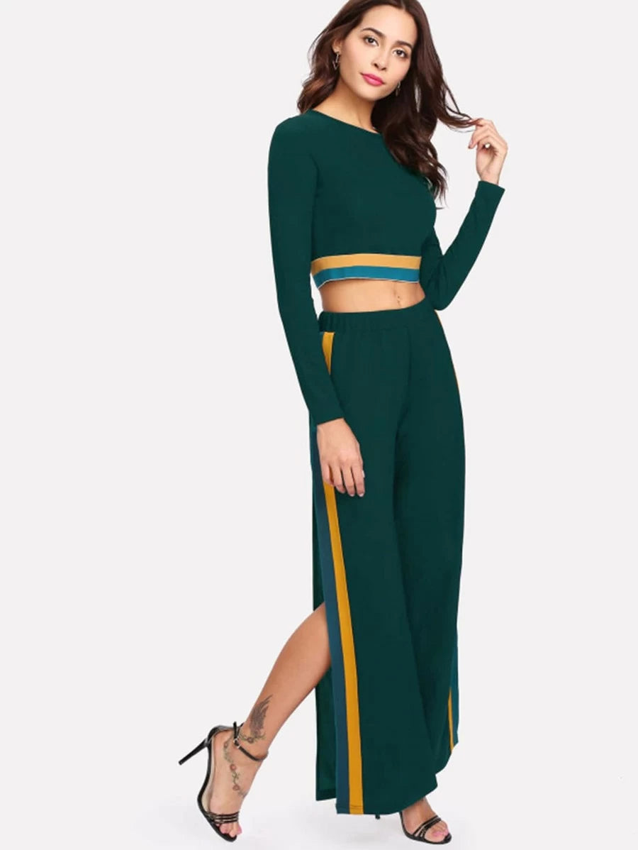 Contrast Striped Crop Top & Wide Leg Pants Periwinkley Shop