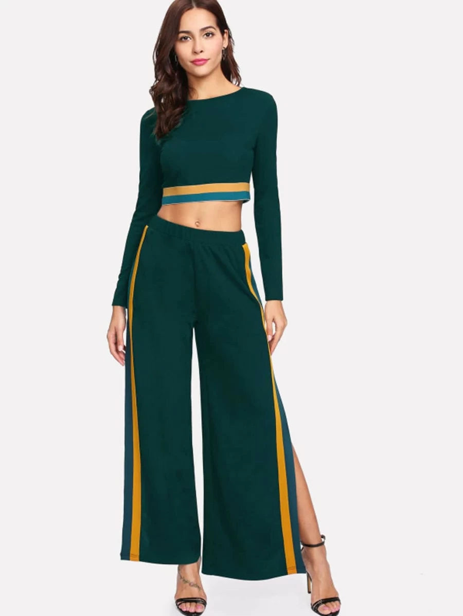 Contrast Striped Crop Top & Wide Leg Pants Periwinkley Shop