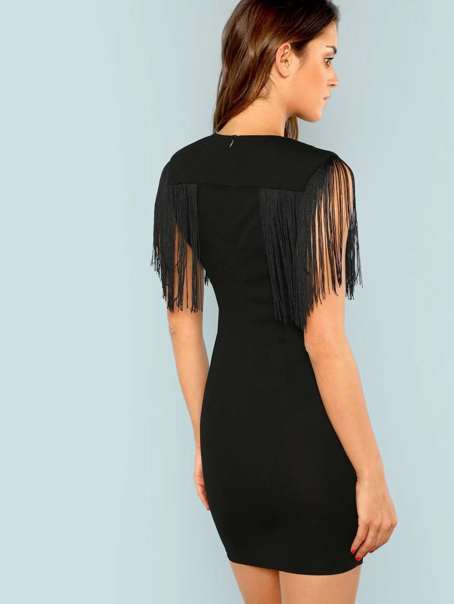 Plunging Neck Fringe Embellished Bodycon Dress Periwinkley Shop