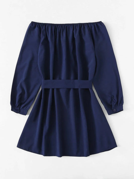 Off Shoulder Self Tie Waist Dress Periwinkley Shop