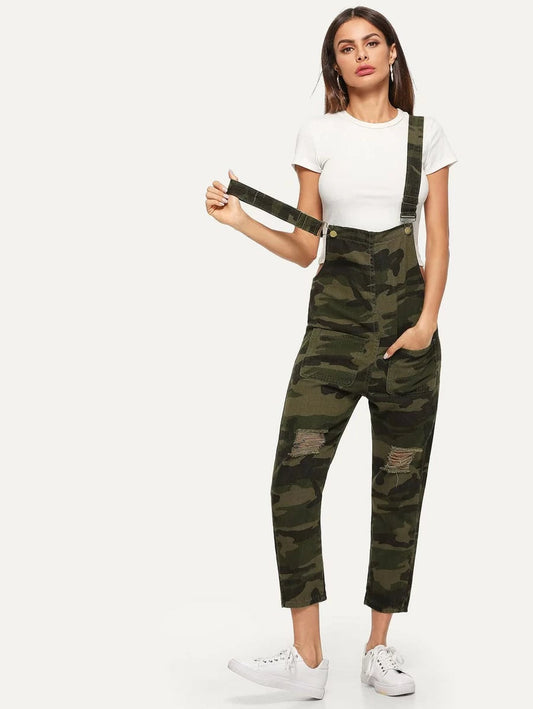 Button Front Camo Denim Dungarees Periwinkley Shop