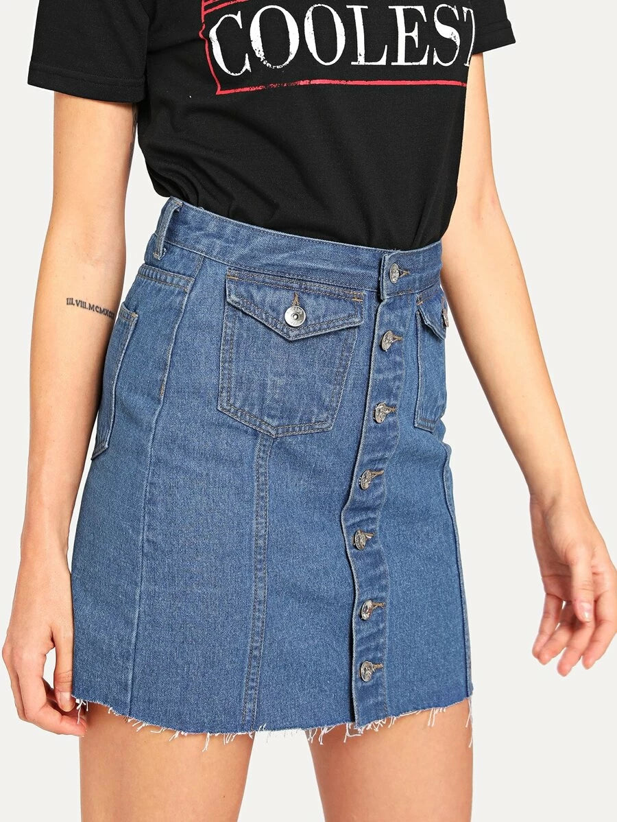Button Up Front Raw Hem Denim Skirt Periwinkley Shop