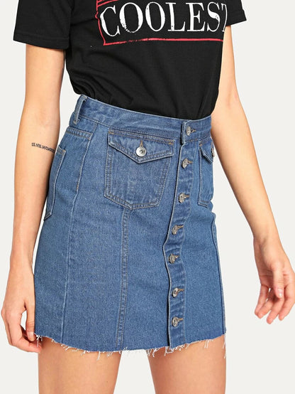 Button Up Front Raw Hem Denim Skirt Periwinkley Shop