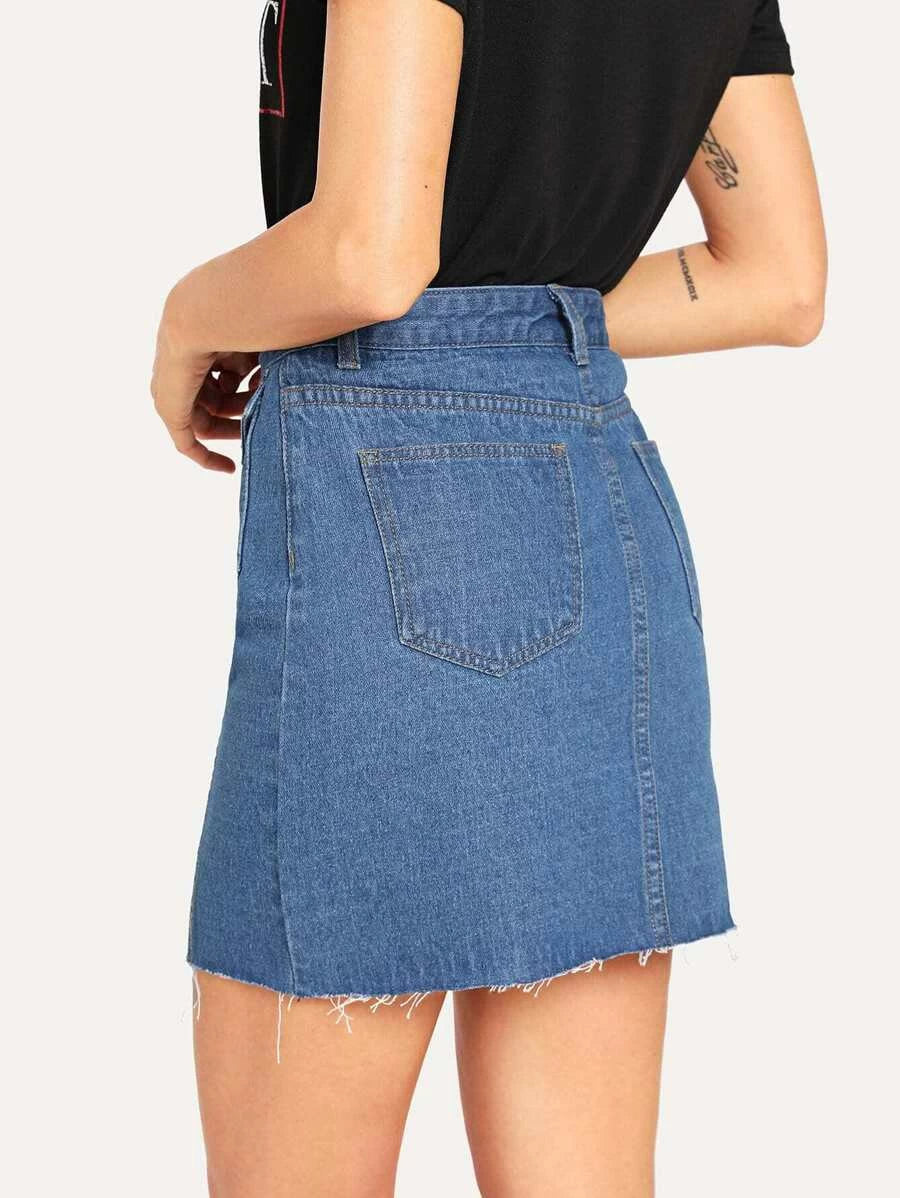 Button Up Front Raw Hem Denim Skirt Periwinkley Shop