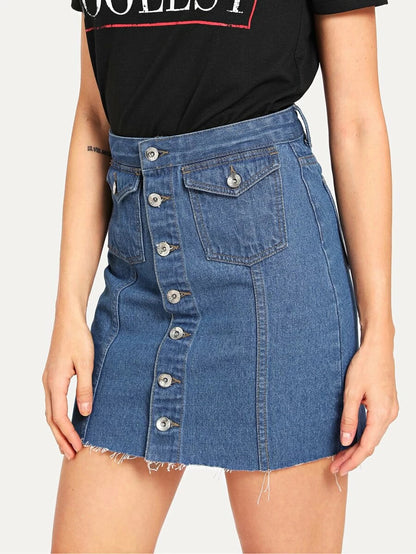 Button Up Front Raw Hem Denim Skirt Periwinkley Shop
