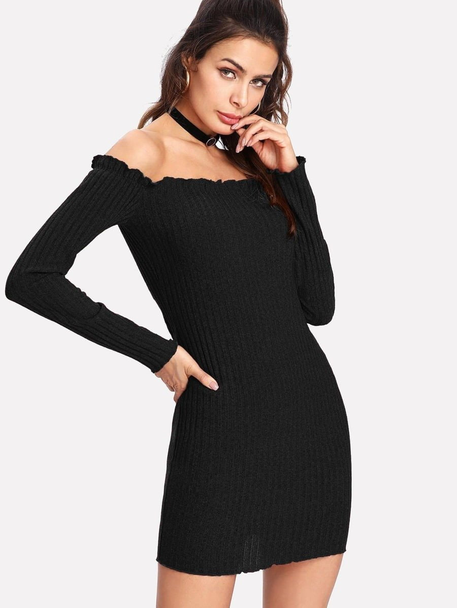 Lettuce Edge Ribbed Bardot Dress Periwinkley Shop