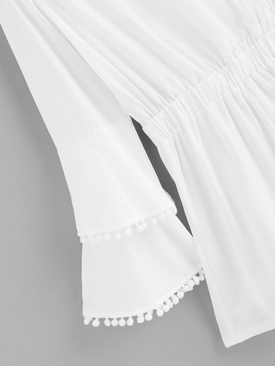 Pom Pom Detail Bell Sleeve Wrap Jumpsuit Periwinkley Shop