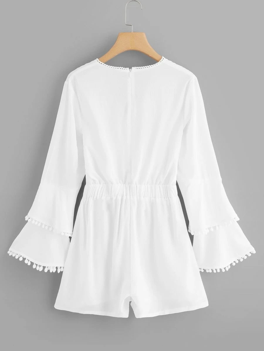 Pom Pom Detail Bell Sleeve Wrap Jumpsuit Periwinkley Shop