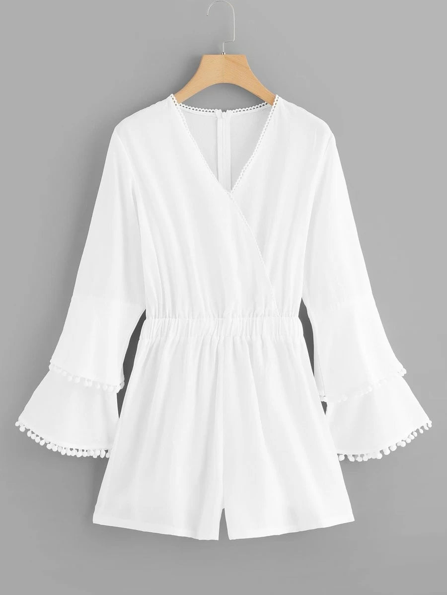 Pom Pom Detail Bell Sleeve Wrap Jumpsuit Periwinkley Shop