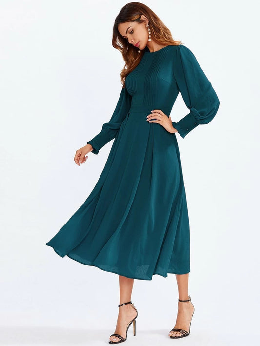 Frilled Cuff Pleated Detail Flare Dress Periwinkley Shop