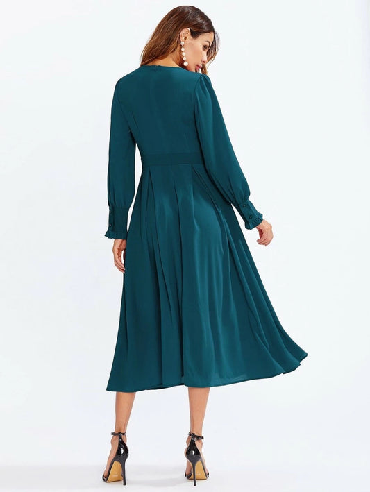 Frilled Cuff Pleated Detail Flare Dress Periwinkley Shop