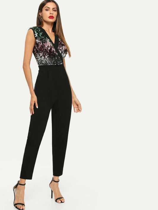 Surplice Neck Sequin Beaded Shell Jumpsuit Periwinkley Shop