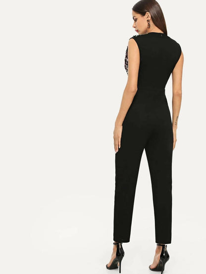 Surplice Neck Sequin Beaded Shell Jumpsuit Periwinkley Shop