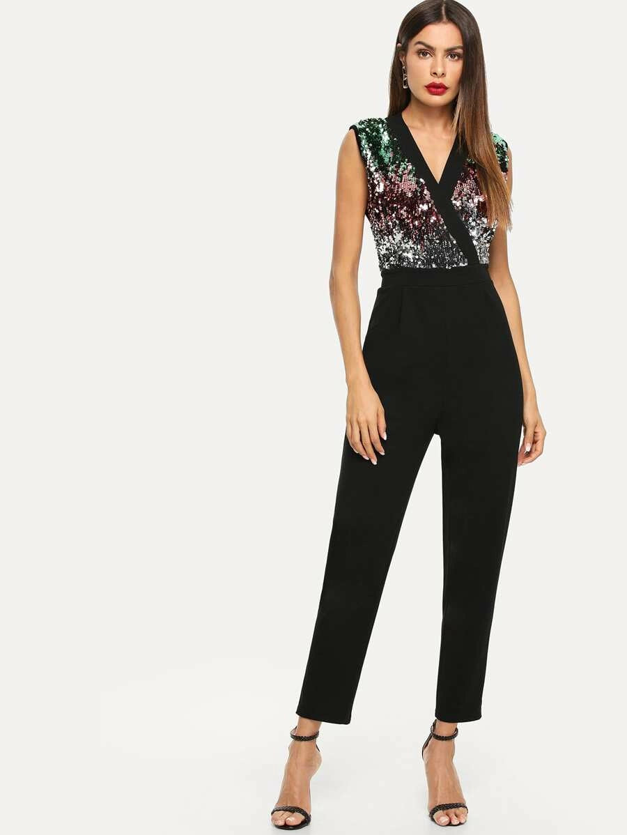 Surplice Neck Sequin Beaded Shell Jumpsuit Periwinkley Shop