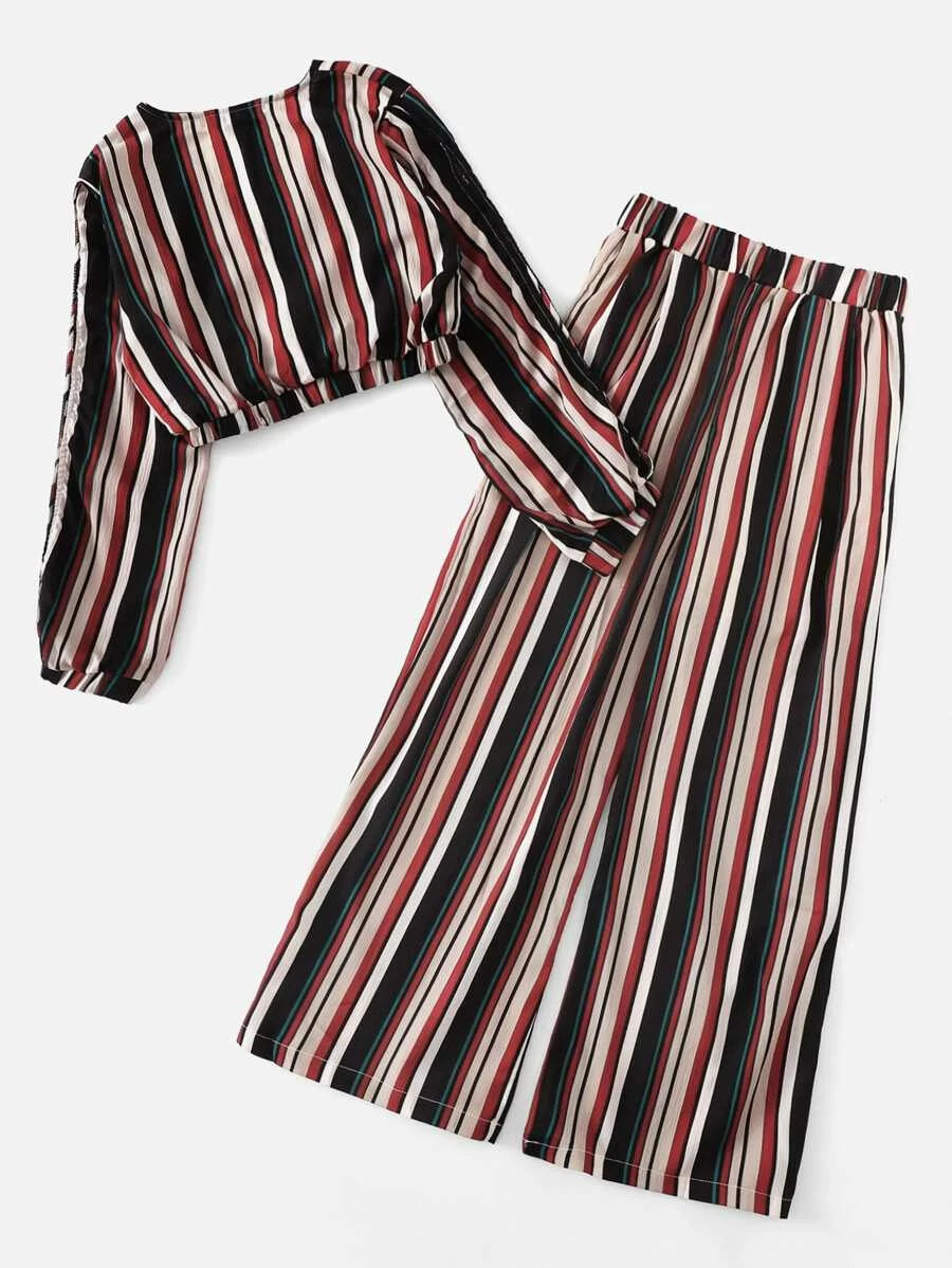 V Neckline Striped Top With Pants Periwinkley Shop