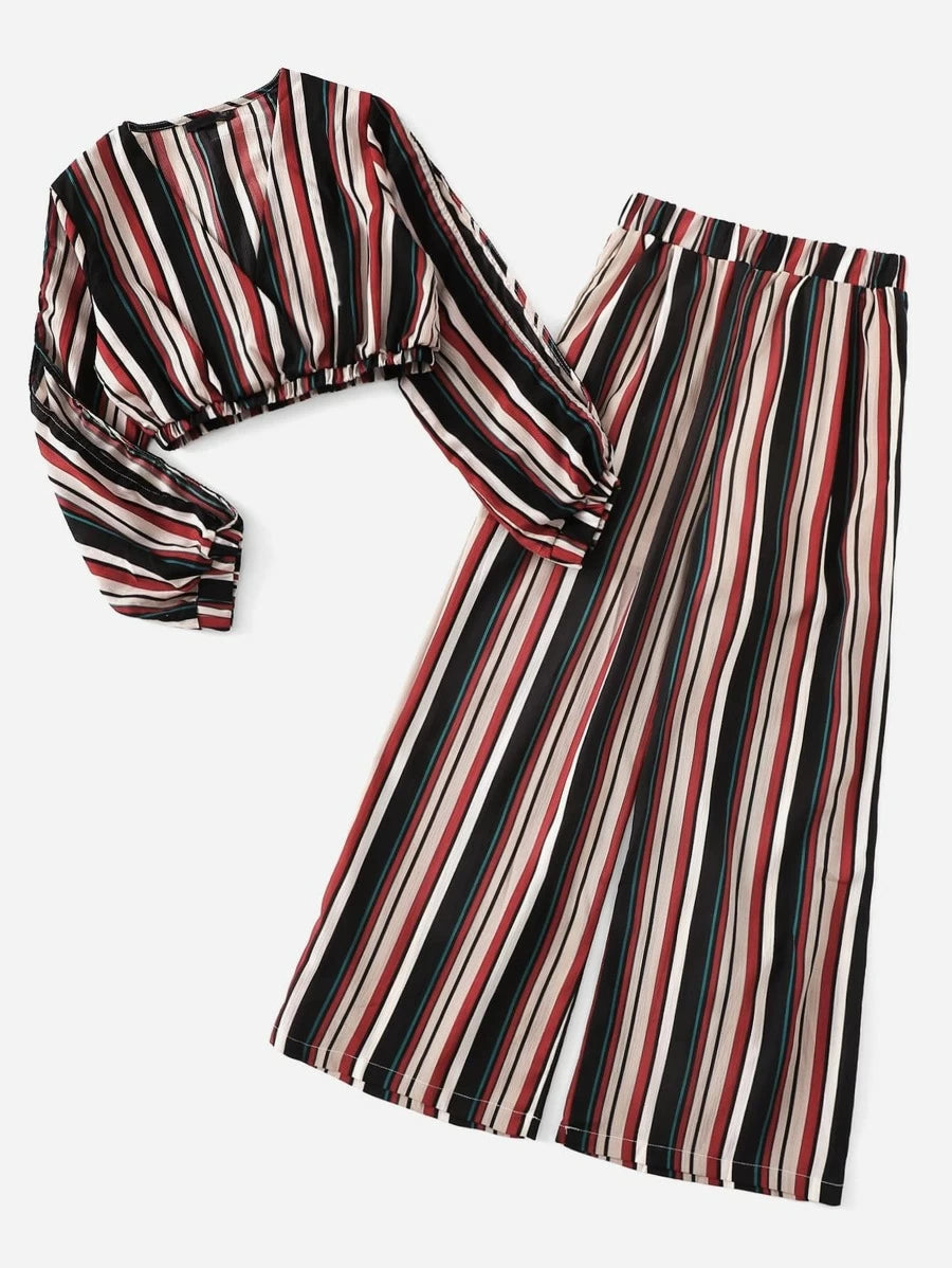 V Neckline Striped Top With Pants Periwinkley Shop