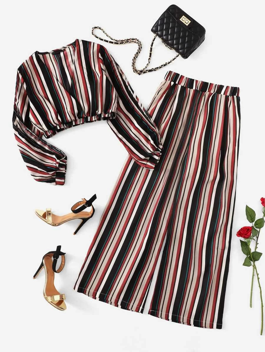 V Neckline Striped Top With Pants Periwinkley Shop