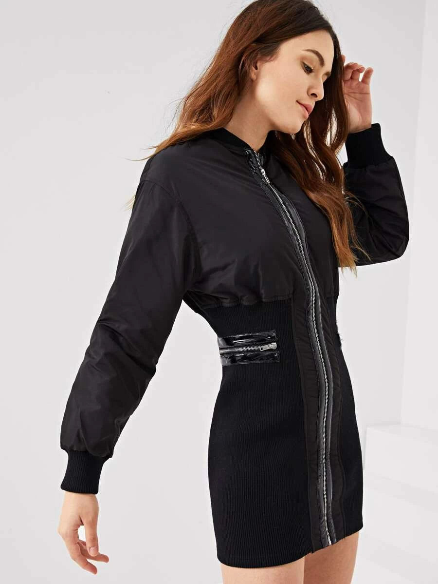 Zip Detail Skinny Bomber Dress Periwinkley Shop