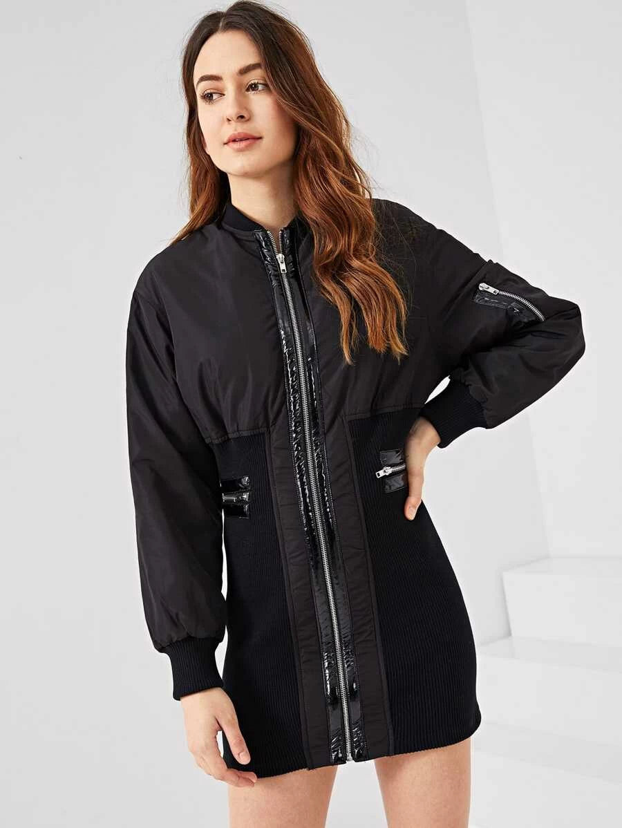 Zip Detail Skinny Bomber Dress Periwinkley Shop