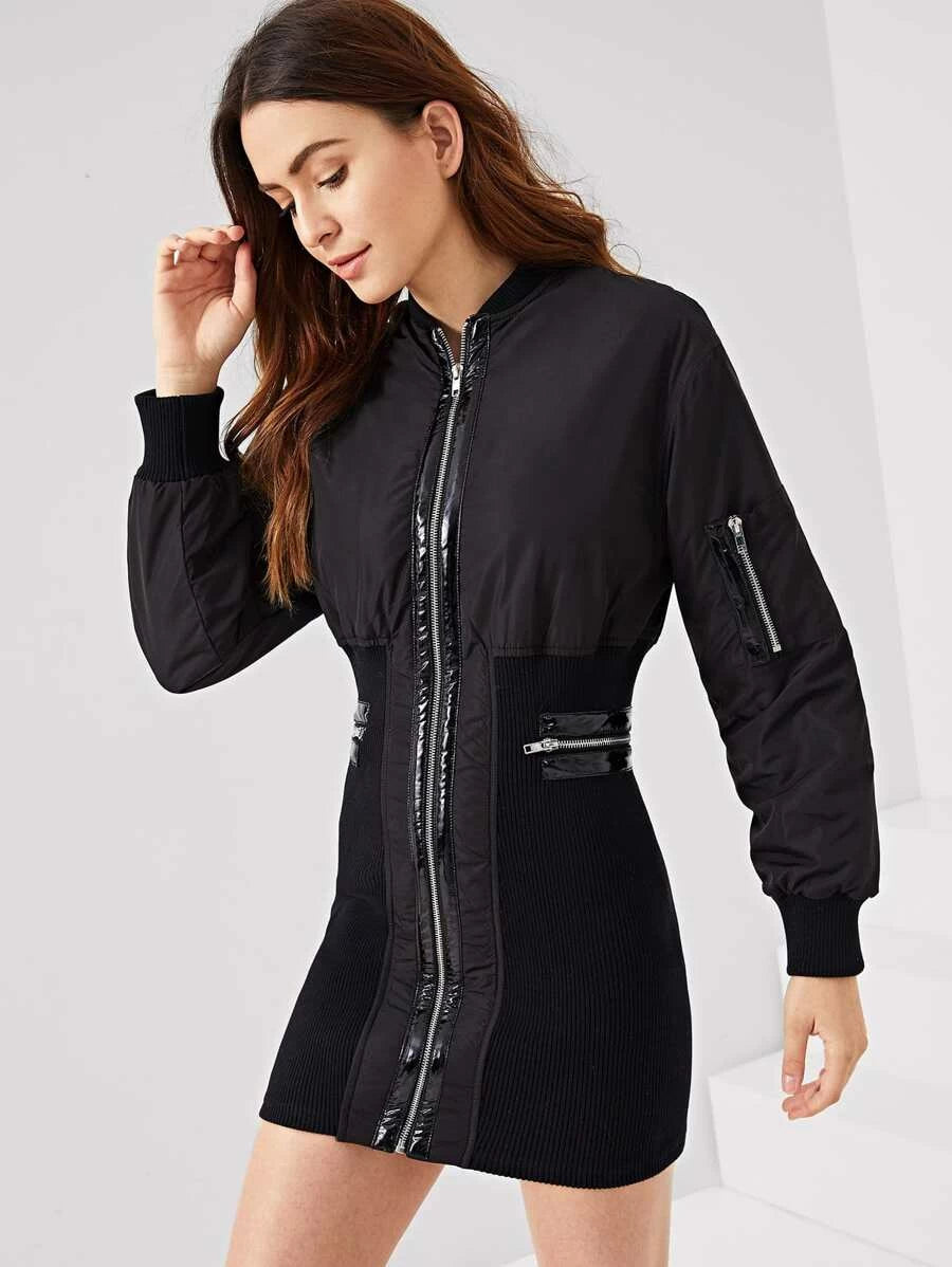 Zip Detail Skinny Bomber Dress Periwinkley Shop