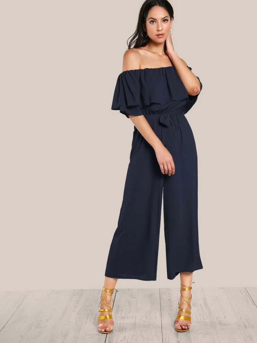 Flounce Off Shoulder Self Tie Culotte Jumpsuit Periwinkley Shop