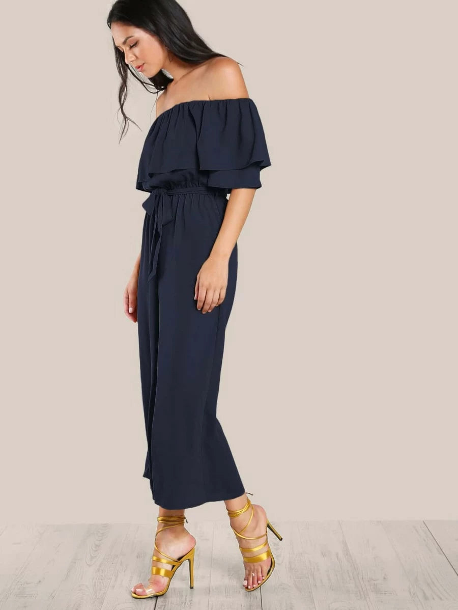 Flounce Off Shoulder Self Tie Culotte Jumpsuit Periwinkley Shop
