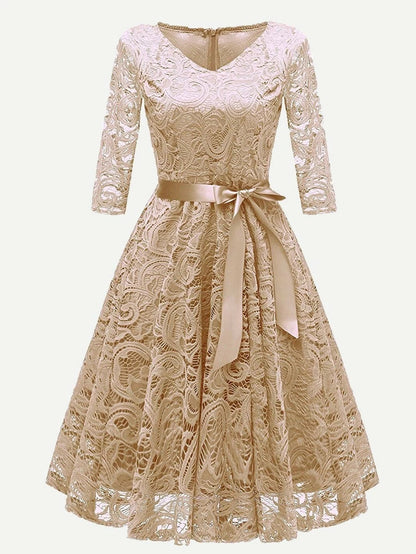 Ribbon Tie Guipure Lace Overlay Flare Dress Periwinkley Shop