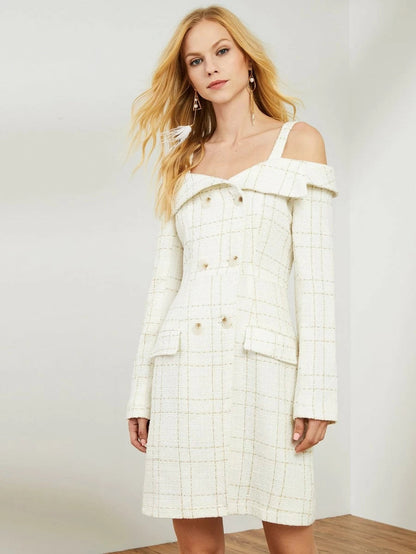 Open Shoulder Double Breasted Front Plaid Dress Periwinkley Shop