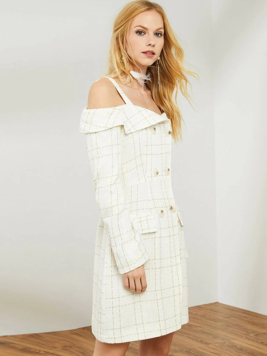 Open Shoulder Double Breasted Front Plaid Dress Periwinkley Shop