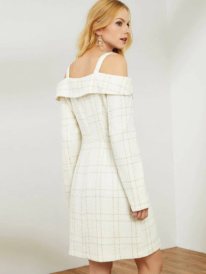 Open Shoulder Double Breasted Front Plaid Dress Periwinkley Shop