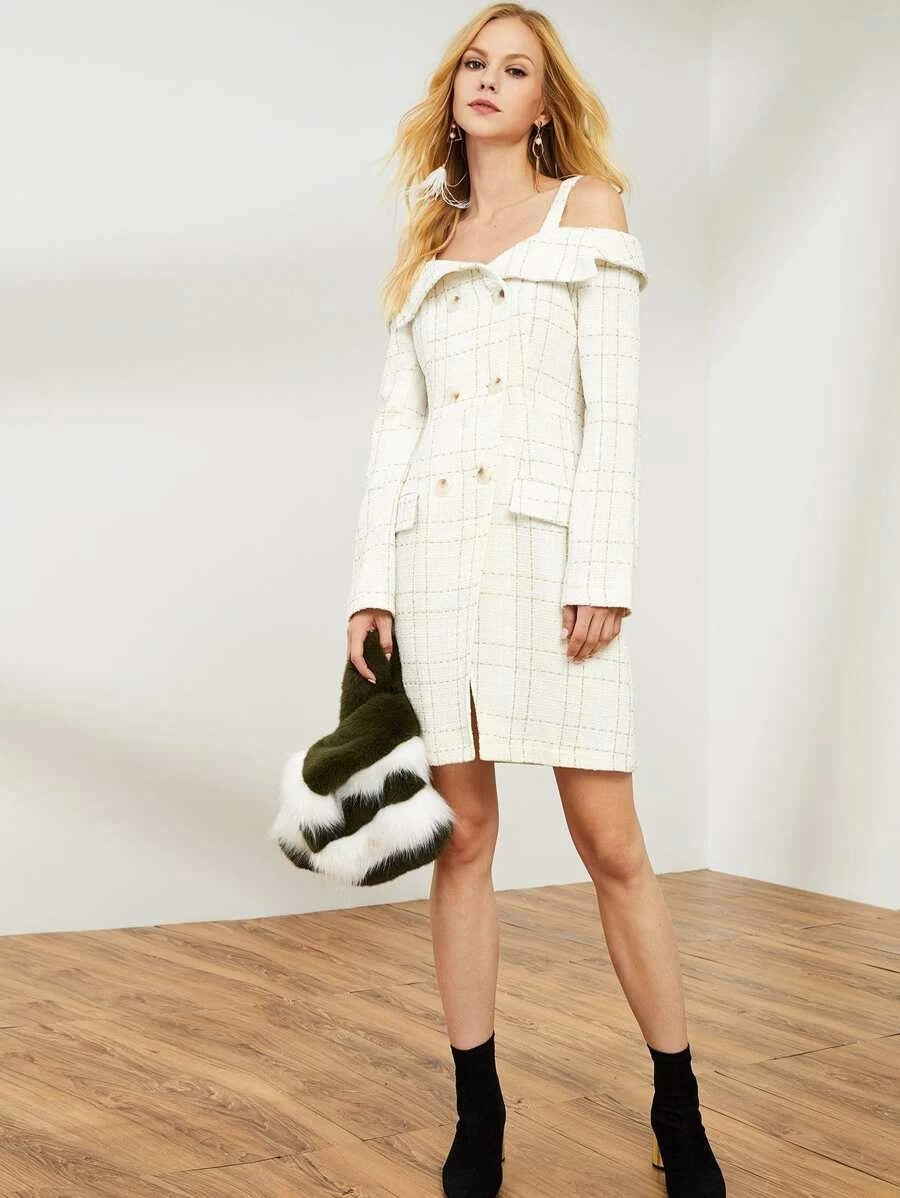 Open Shoulder Double Breasted Front Plaid Dress Periwinkley Shop