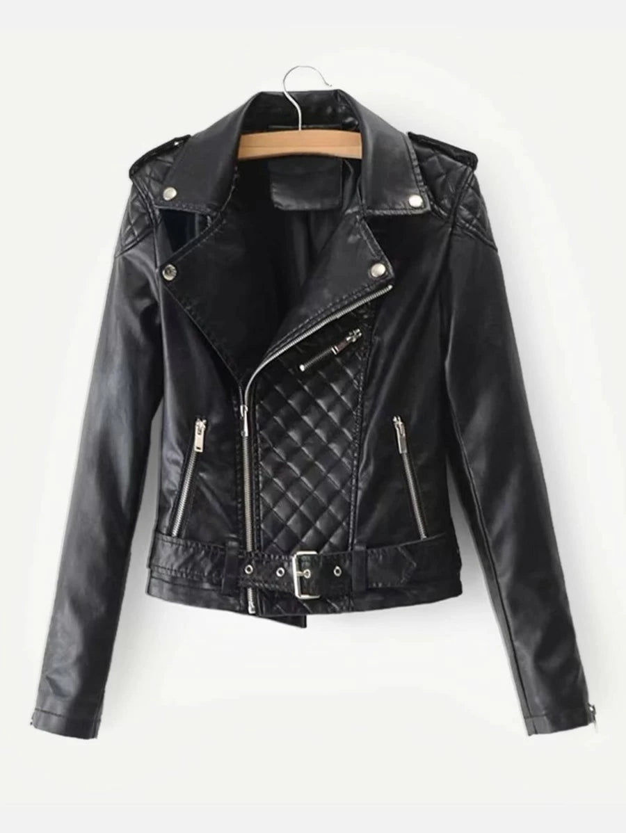 Faux Leather Belted Biker Jacket Periwinkley Shop
