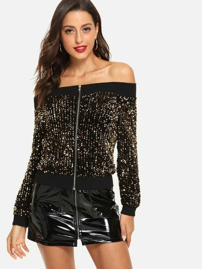 Off Shoulder Contrast Sequin Jacket Periwinkley Shop