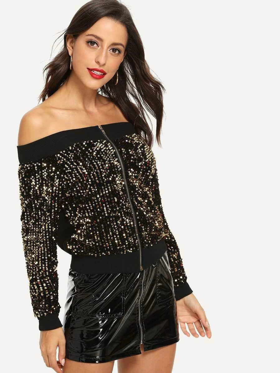 Off Shoulder Contrast Sequin Jacket Periwinkley Shop