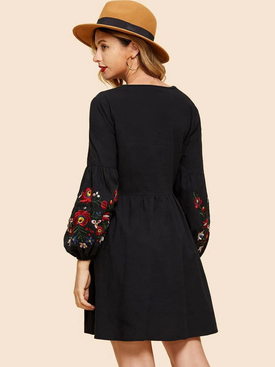 Embroidered Lantern Sleeve Smock Dress Periwinkley Shop