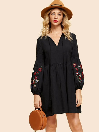 Embroidered Lantern Sleeve Smock Dress Periwinkley Shop