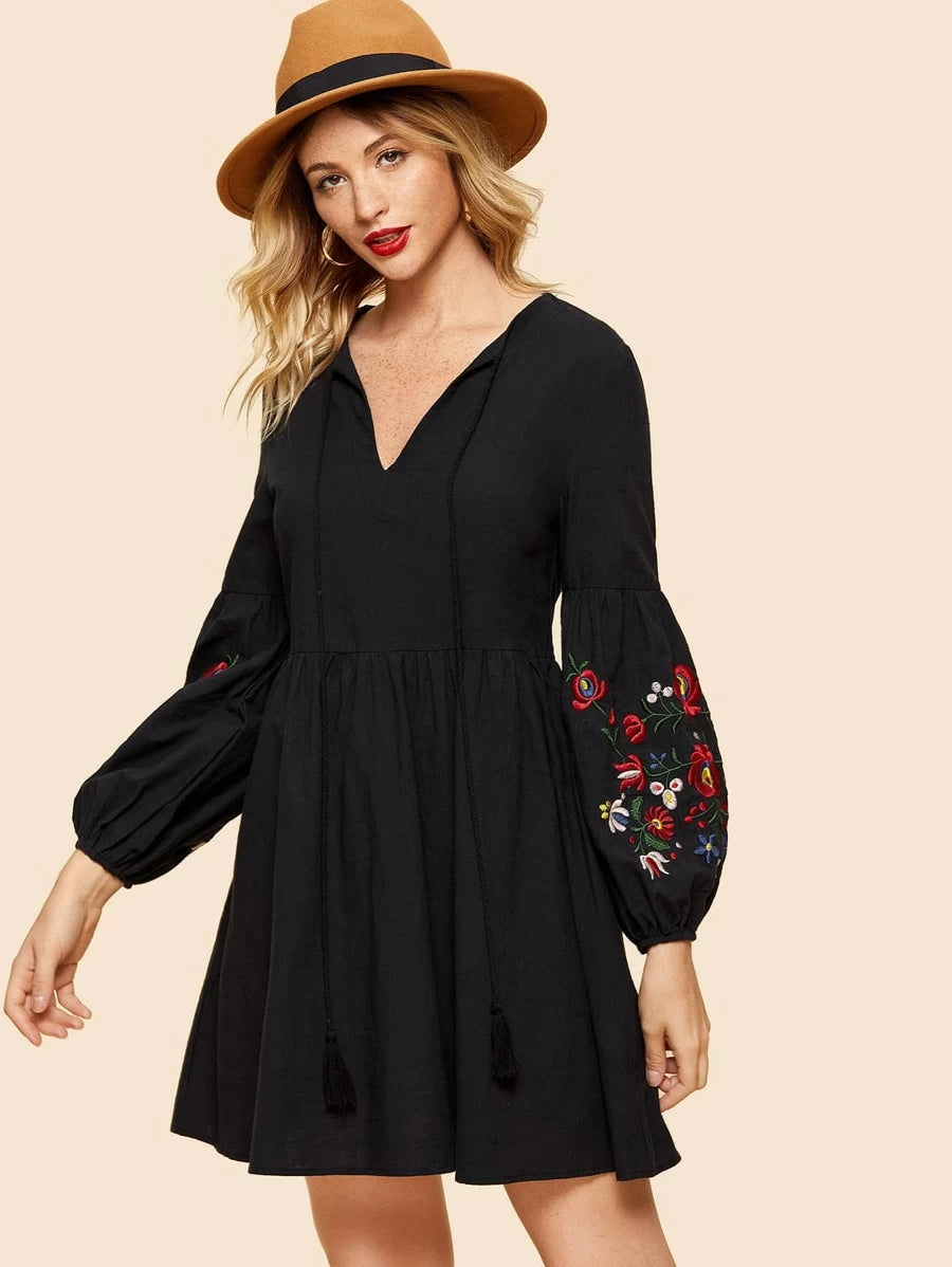 Embroidered Lantern Sleeve Smock Dress Periwinkley Shop