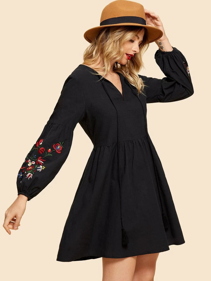 Embroidered Lantern Sleeve Smock Dress Periwinkley Shop