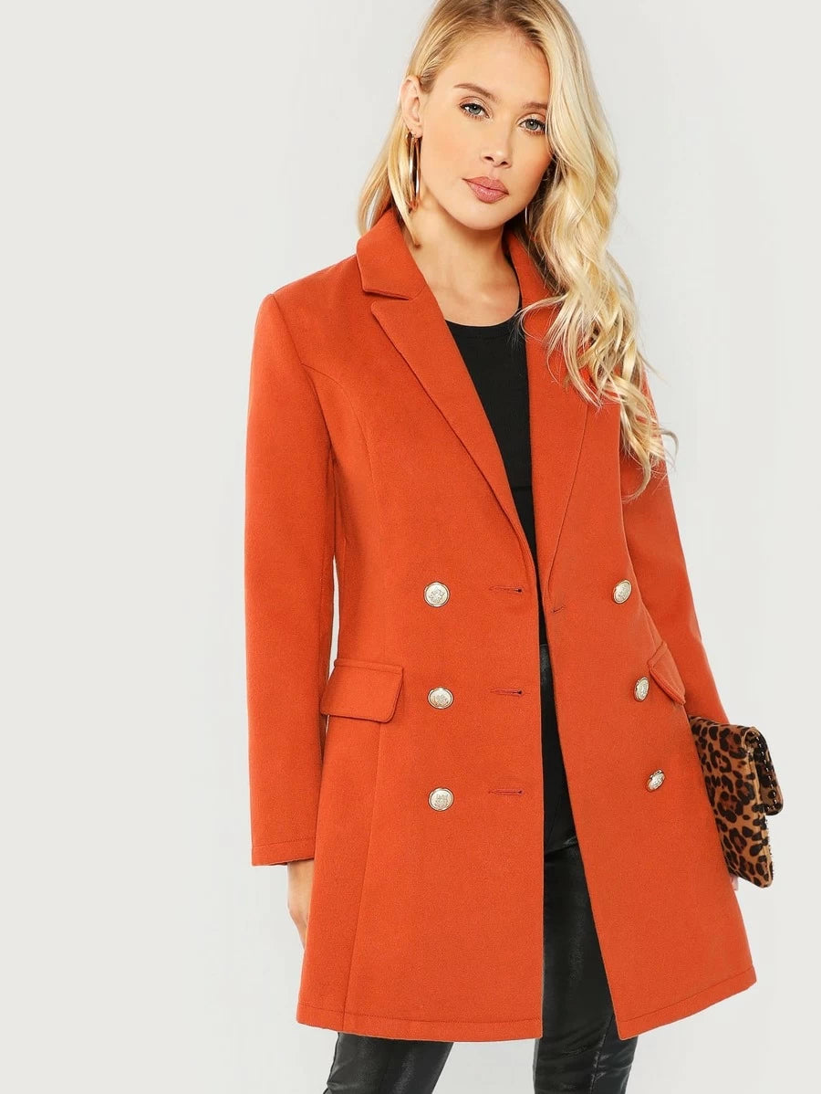 Double Breasted Notched Neck Solid Coat Periwinkley Shop