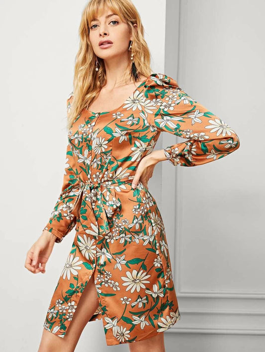Floral Print Puff Sleeve Split Dress Periwinkley Shop