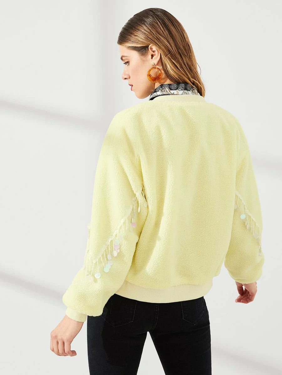 Sequin Detail Fuzzy Coat Periwinkley Shop